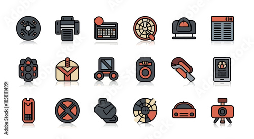 Collection of vintage technology and office equipment icons.