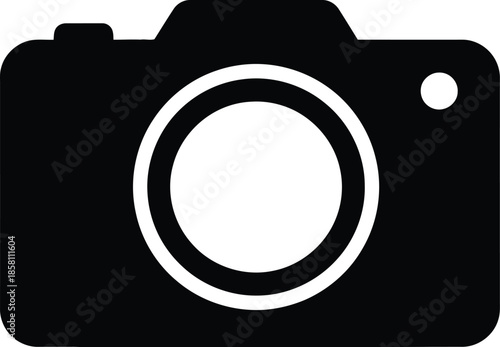 A simple black and white icon representing a camera, a universal symbol for photography and capturing moments