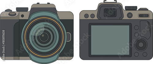 Front and Back View of a Modern Digital Photography Device, Essential Equipment for Capturing Moments, Presented in a Clean Vector Illustration Style