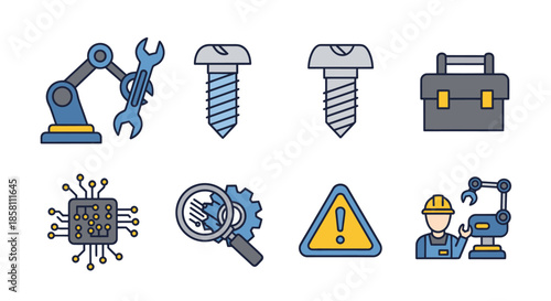 Set of colorful engineering and manufacturing icons including tools robot arm and warning sign.