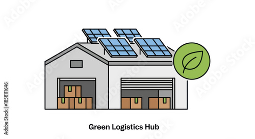 Sustainable Warehouse with Solar Panels and Green Leaf Logo.