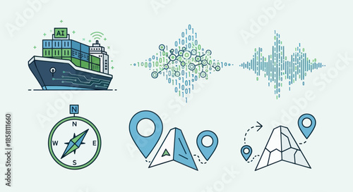 Digital Navigation and Logistics Icons: Ship Compass and Location Markers.