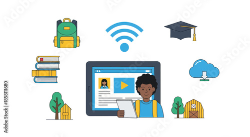 Online Learning Concept with Student on Tablet and Education Icons.