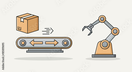 Industrial robotic arm and conveyor belt system for automated package handling and manufacturing.