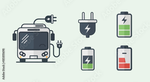 Electric Bus Charging with Plugs and Battery Icons.