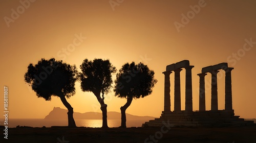 Ancient Greek Temple Ruins Silhouetted Against a Golden Sunset Sky.