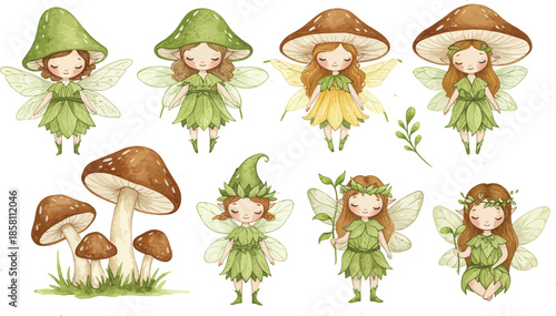Whimsical illustration of fairies dressed as mushrooms in green outfits standing with fungi