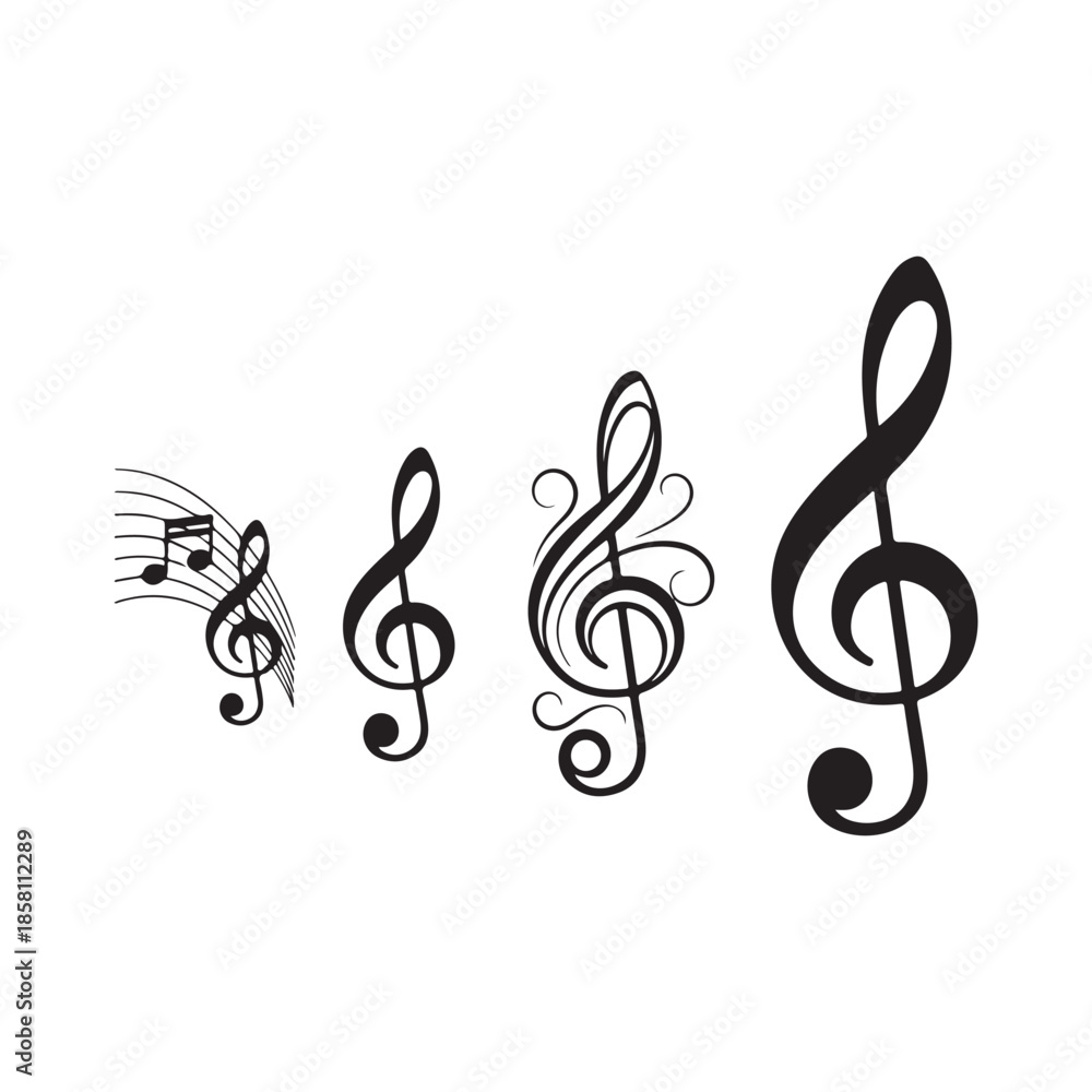 Fototapeta premium Collection of elegant black treble clefs and musical notes on a pristine white background