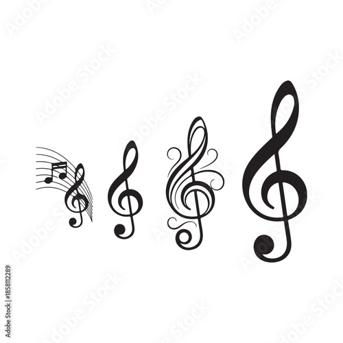 Collection of elegant black treble clefs and musical notes on a pristine white background
