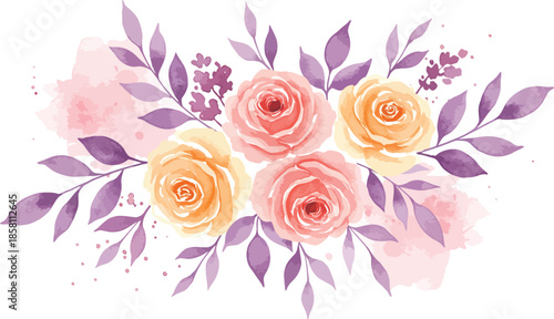 Beautiful peach roses with purple leaves on white background