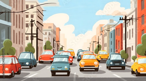 Cartoon City Street with Cars in Traffic Jam.