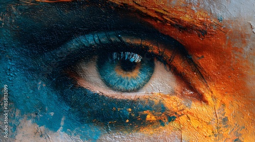 Close Up Macro Shot of a Vibrant Blue Eye with Abstract Colorful Paint Splatter.