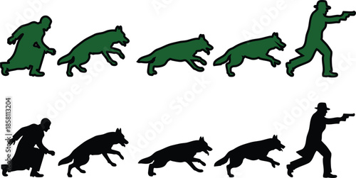 Man and dog running silhouettes in different colors