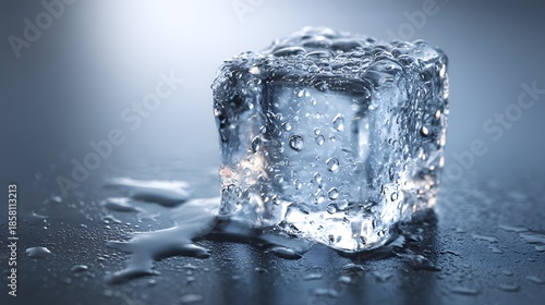 Close up of a melting ice cube with water droplets on a reflective surface.
