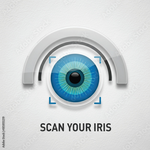 Iris scanning technology icon with blue eye and gray sensor arc