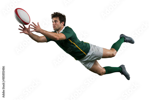Rugby Player Diving to Catch Ball Isolated on White
