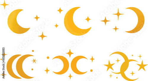Stylized Crescent Moon and Stars Vector Illustration for Night Sky Background and Celestial Design