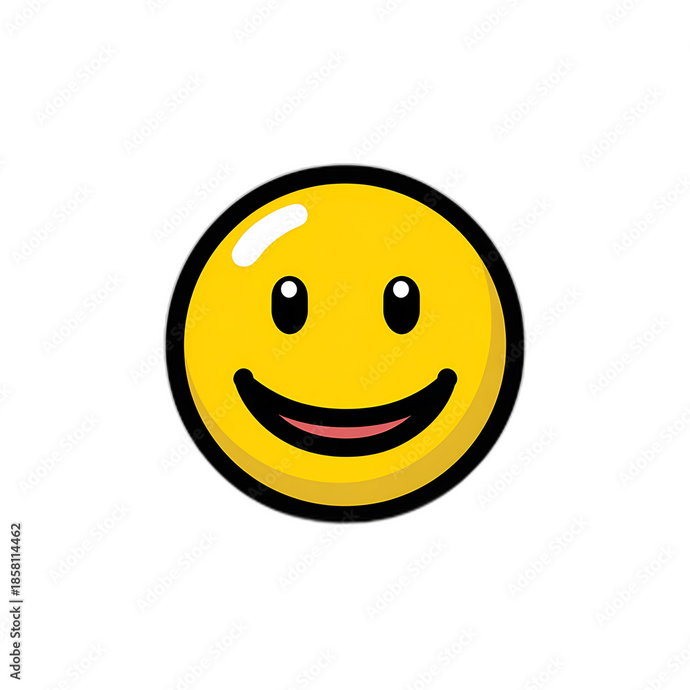 Fototapeta premium A smiling, round, yellow face with a white highlight, black outline, and black background