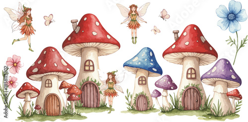 Whimsical watercolor mushroom houses in a fantasy garden setting