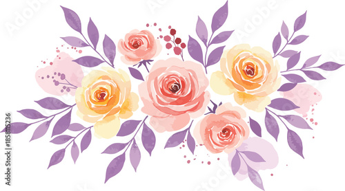 Beautiful bouquet of peach roses and purple leaves on white background