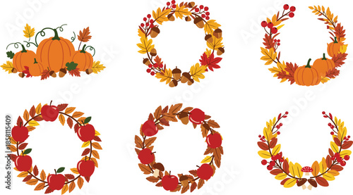 Collection of fall wreaths made of colorful leaves on white background
