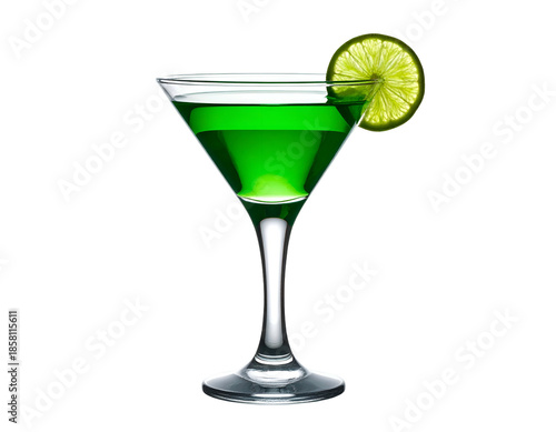Vibrant green cocktail in a stemmed glass with lime slice