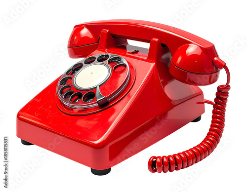 Vintage red rotary dial telephone with coiled cord