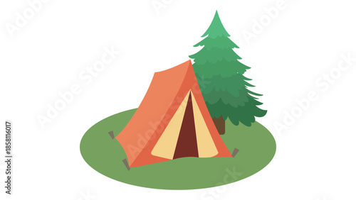 Camping emoji vector with spruce tree and tent.