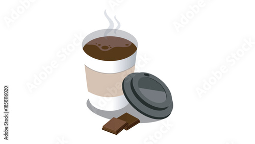 Coffee cup with a cover with sugar and chocolate on a white background.