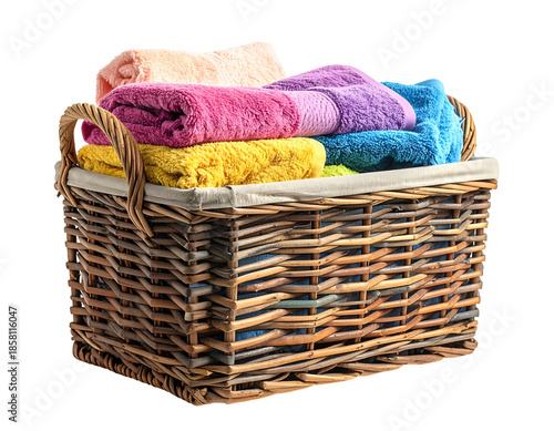 Wicker basket overflowing with vibrantly colored, soft towels