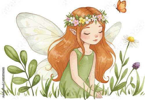 A serene fairy with long red hair and a flower crown standing in a field of wildflowers