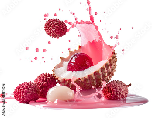 Refreshing pink liquid splashes over ripe lychee fruits