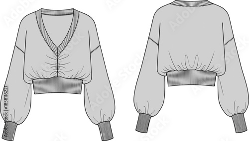 Fashion technical sketch of a gray women's V neck cropped top featuring puff sleeves and ribbed waist detailing for manufacturing templates