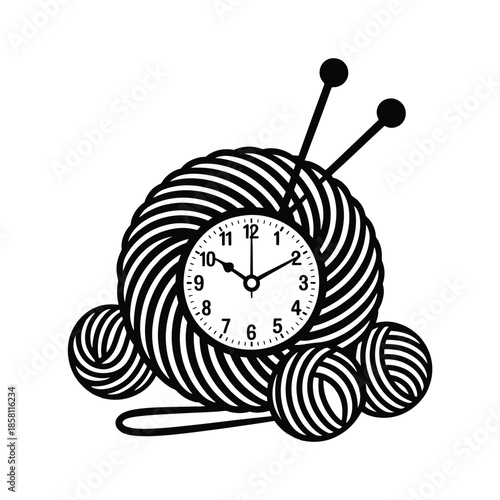Yarn And Needles Silhouette Clock Black and White Cutout Art
