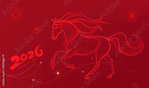 A red background New Year blessing banner with a linear illustration of the Year of the Horse