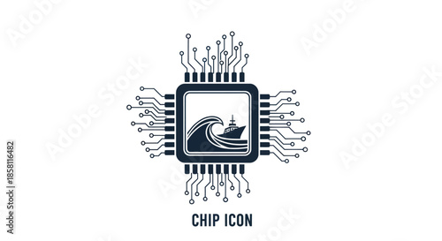 A black and white computer chip icon featuring a ship navigating a large ocean wave.