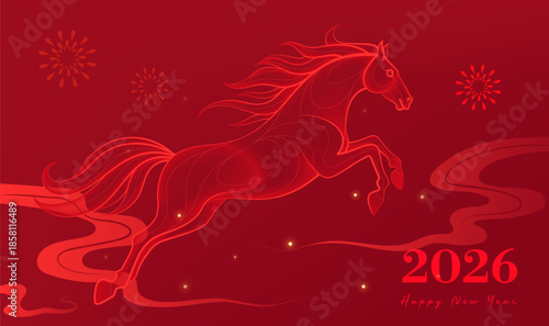 New Year blessing banner linear Year of the Horse illustration with red background