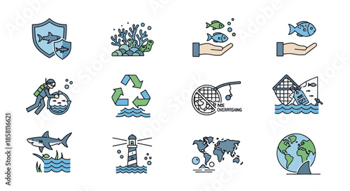 Vector Icons Depicting Marine Life Conservation and Environment.