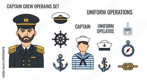 Flat Design Nautical Icons Set: Captain Crew and Maritime Elements.