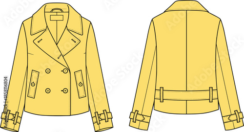 Fashion technical sketch of a yellow women's double breasted peacoat jacket featuring front and back views with belt details for manufacturing