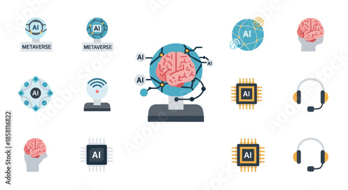 Artificial Intelligence Icons: Brain Chip Headset and Network Symbols.