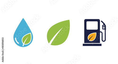 Eco-friendly fuel icons: water drop leaf and gas pump.