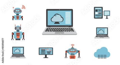 Technology Icons Collection with Cloud Computing Robots and Devices.