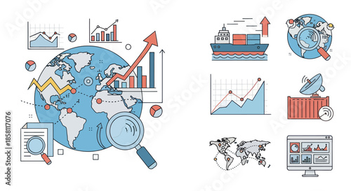 Global Business Analytics and Logistics Line Art Icons Set.