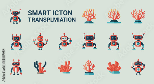 A diverse set of flat vector icons featuring various cartoon robots and colorful marine coral illustrations.