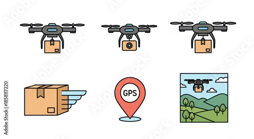 A set of colorful line art icons depicting drone delivery fast shipping GPS tracking and aerial logistics for modern e-commerce and transport services.