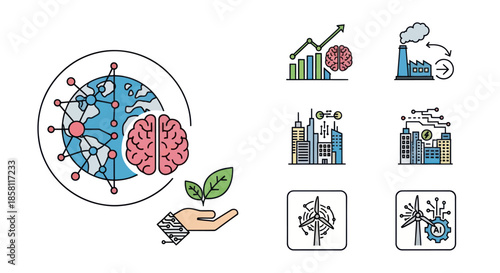 Global network connections and industrial innovation icons.