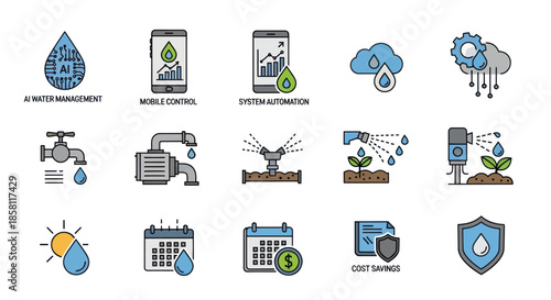 Collection of Icons Representing Smart Water Management and Irrigation Technology.