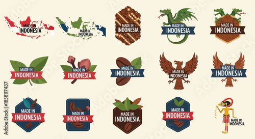 Collection of Made in Indonesia Labels and Badges with Various Designs.