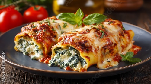 Close up of two servings of spinach and ricotta cannelloni on a plate with tomato and basil garnish